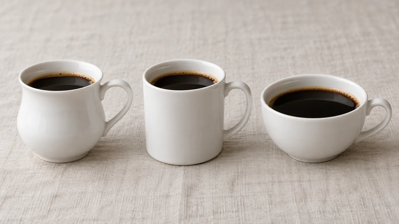 口がすぼまる形・直線的な形・広く浅い形の3種類のコーヒーカップ